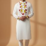 White Panjabi with Red & Lime Floral Art