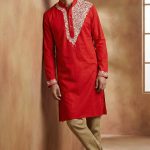 Men's Red Embroidered Panjabi