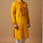 Mustard Yellow Panjabi with Red Floral Vine