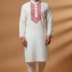 White & Red Pattern Men's Panjabi
