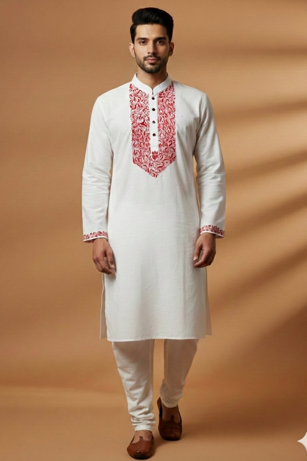 New Project (6) White & Red Pattern Men's Panjabi - Image 1